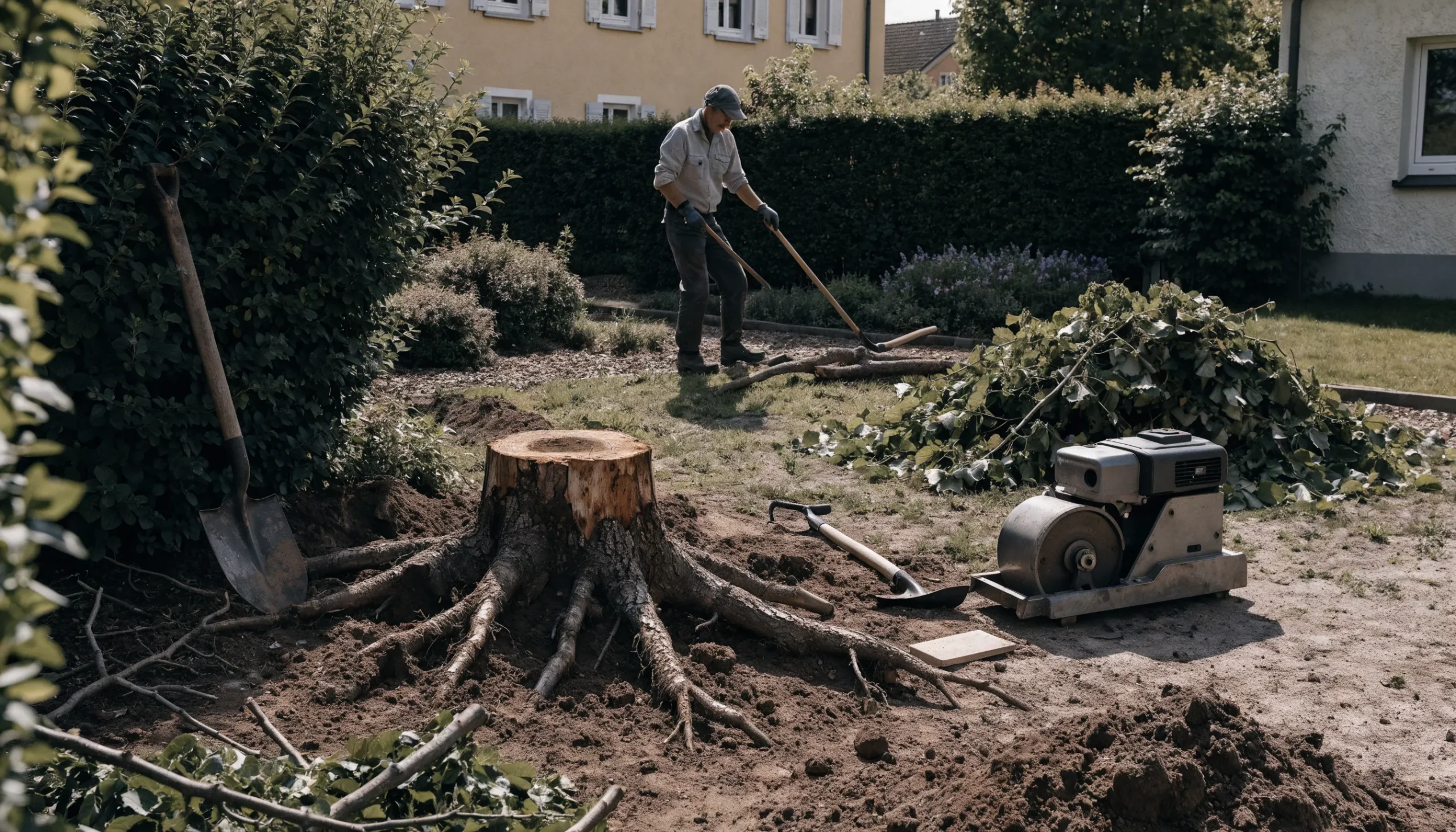 Mann bearbeitet einen großen Baumstumpf mit freigelegten Wurzeln, daneben eine Stubbenfräse und ein Spaten