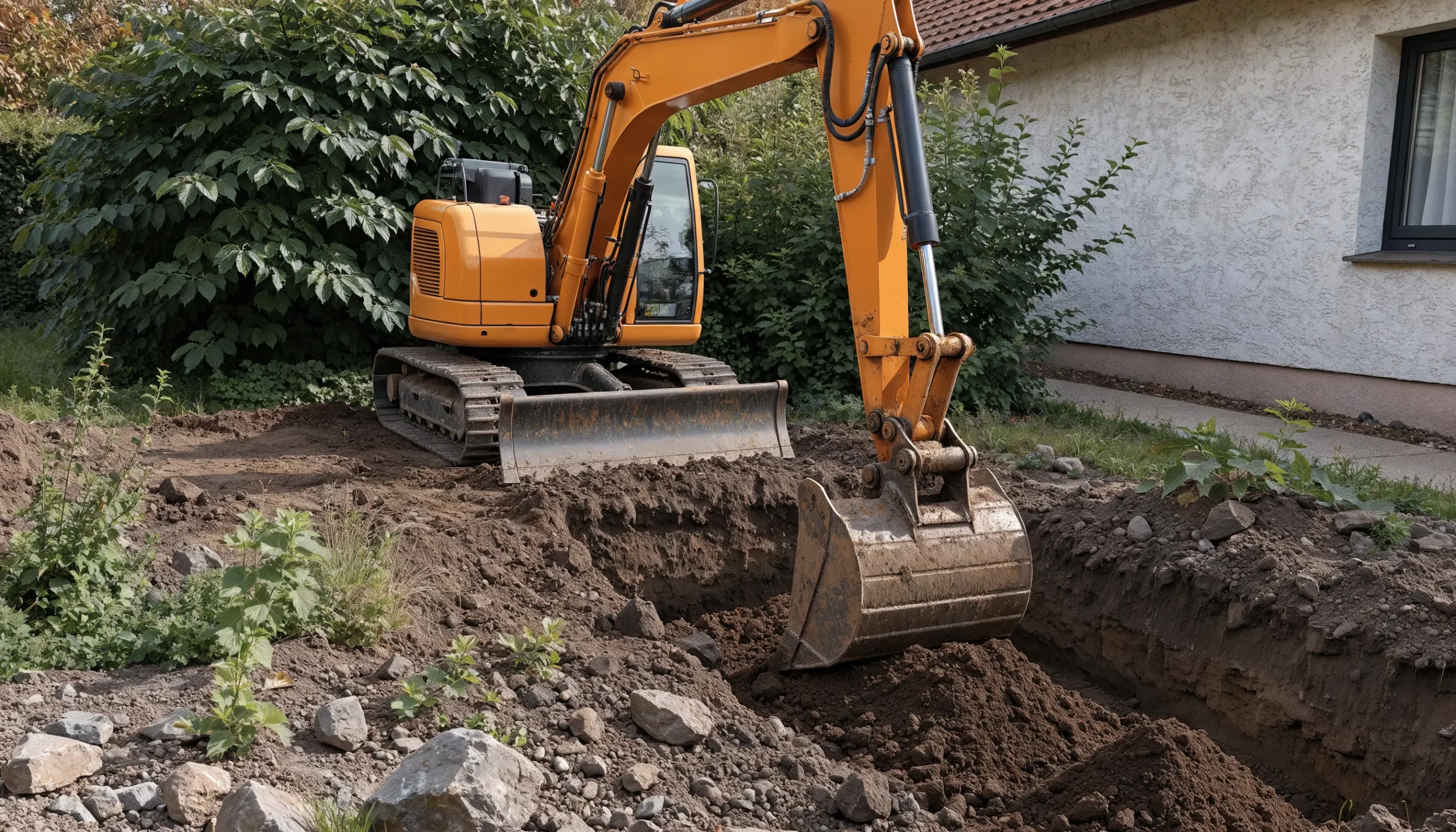 Oranger Minibagger hebt neben einem Wohnhaus einen Graben im Erdreich aus