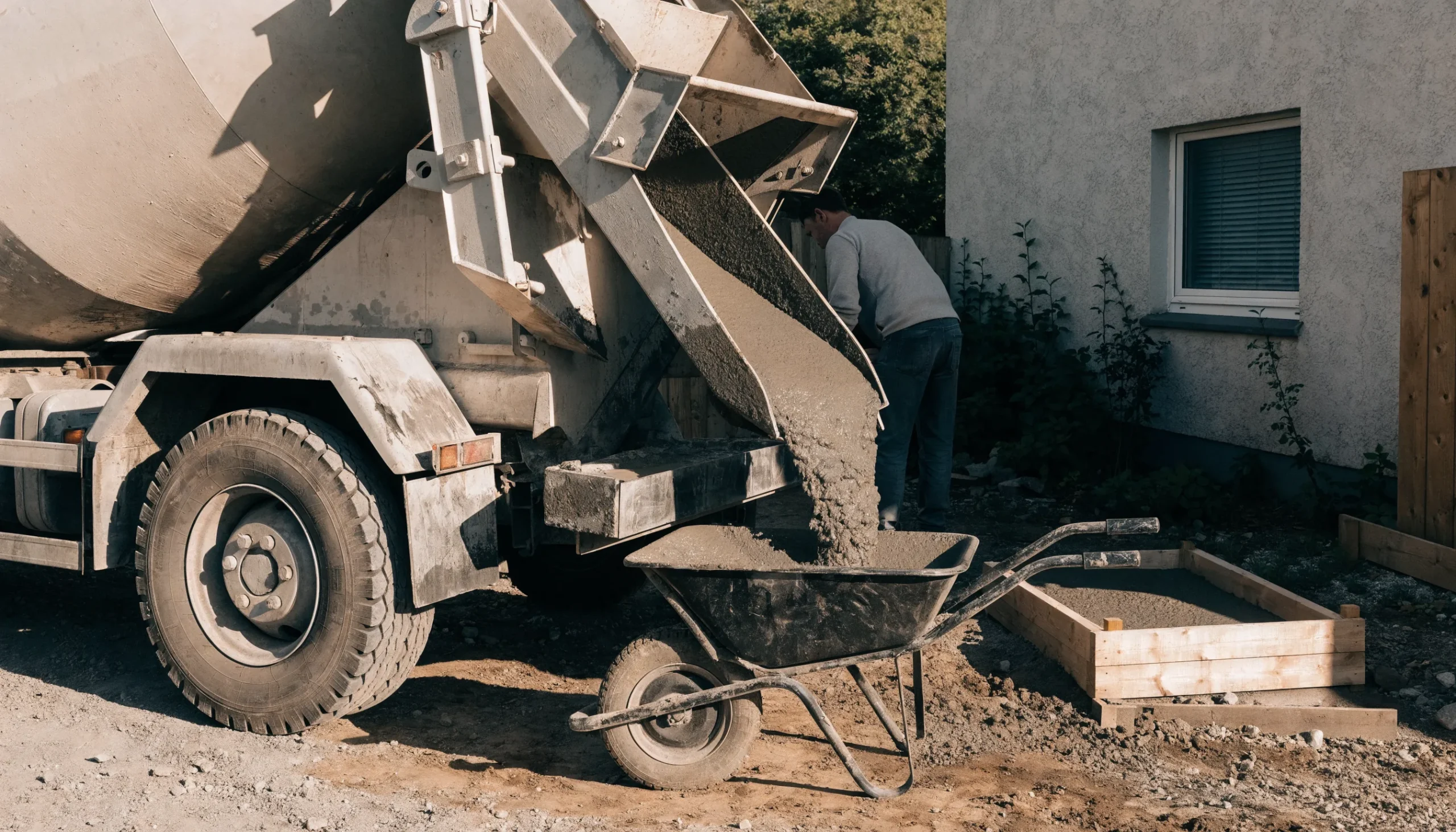 Ein Betonfahrmischer entleert über eine Rutsche Frischbeton in eine Schubkarre neben einem Wohnhaus, ein Mann führt die Rutsche