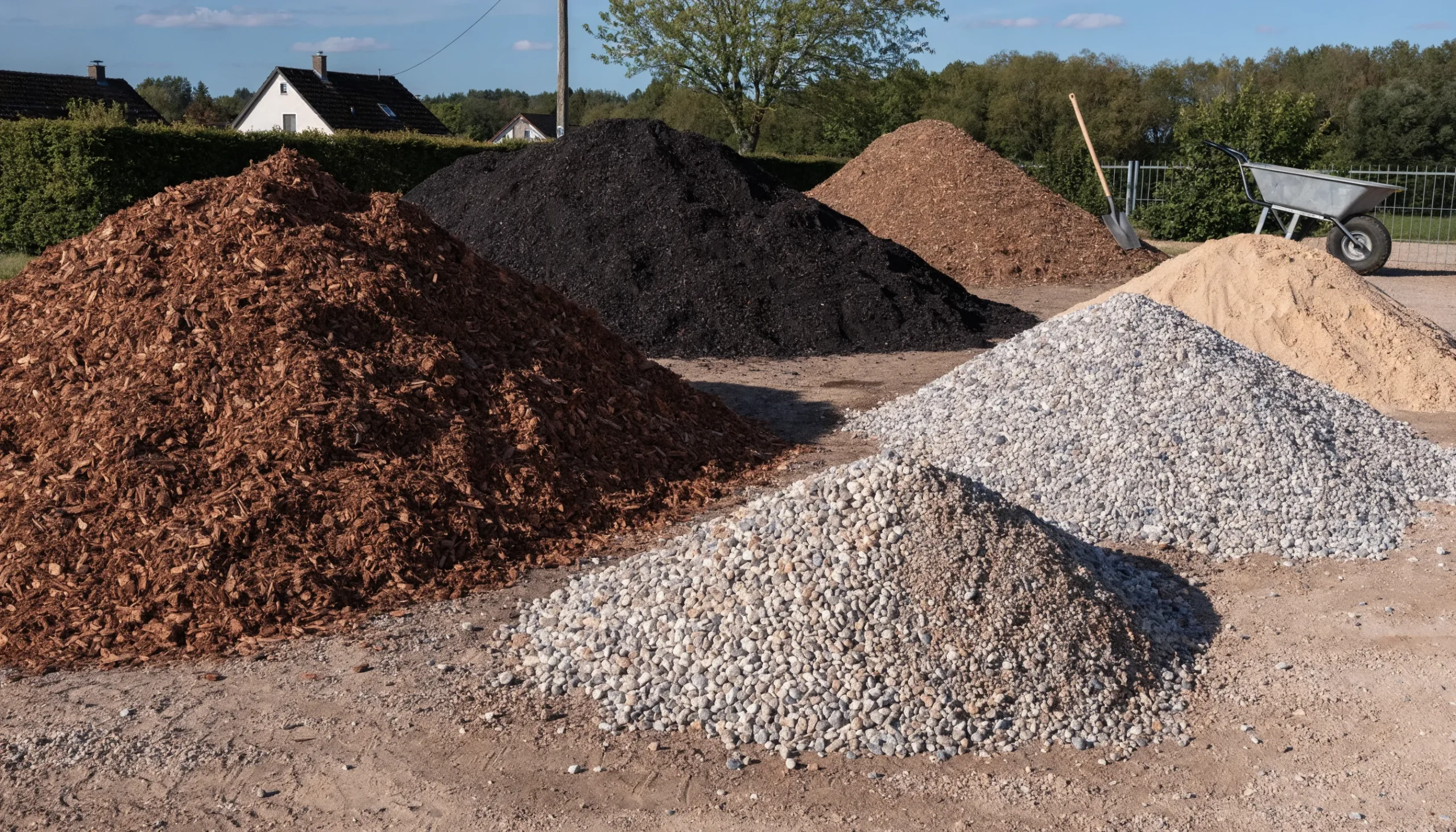 Vier große Schüttguthaufen auf einem Lagerplatz – brauner Rindenmulch, dunkler Humus, heller Kies und grauer Splitt, daneben Schaufel und Schubkarre