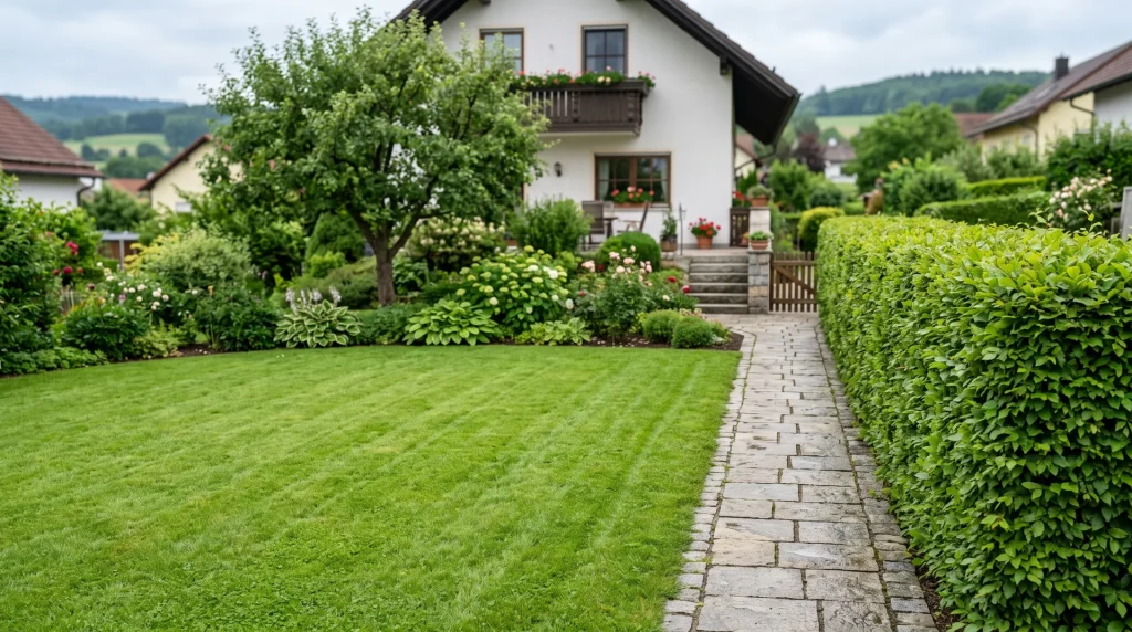 Frisch gemähter Rasen mit Streifenmuster vor einem Einfamilienhaus, daneben eine akkurat geschnittene Hecke und ein Natursteinweg