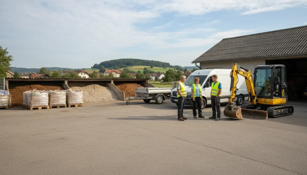 Drei Mitarbeiter in gelben Warnwesten auf dem Betriebshof, dahinter eine offene Lagerhalle mit Schüttgut, ein weißer Transporter mit Anhänger und ein gelber Minibagger