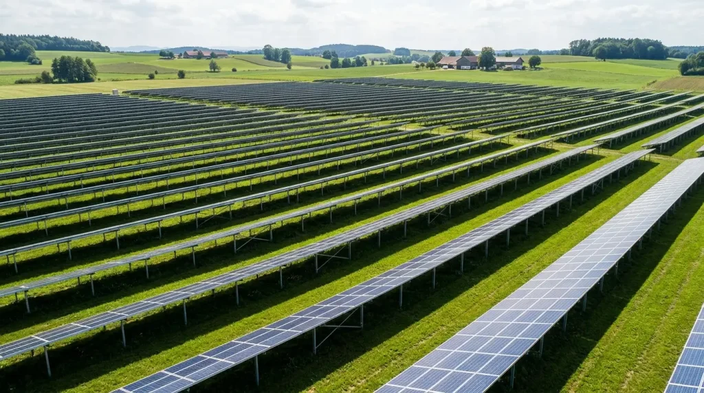Großes Freiflächen-Solarpark-Feld mit langen Reihen geneigter Solarmodule auf Metallgestellen, grüne Wiese dazwischen, bayerische Hügellandschaft mit Bauernhof im Hintergrund